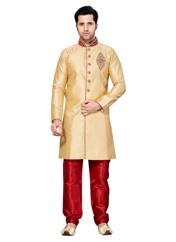 Cream Dupioni Raw Silk Indian Wedding Indo-Western Sherwani For Men