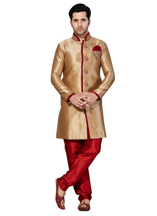 Brown Ghicha Silk Indian Wedding Indo-Western Sherwani For Men