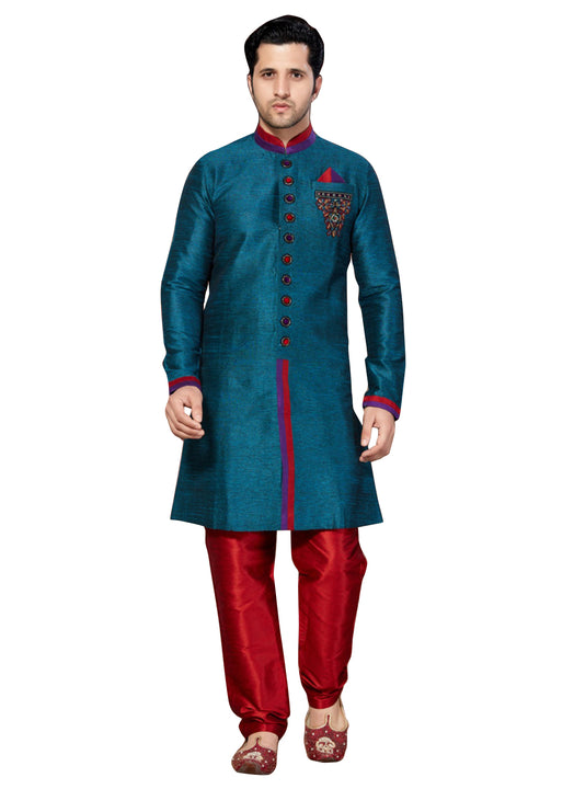 Blue Ghicha Silk Indian Wedding Indo-Western Sherwani For Men