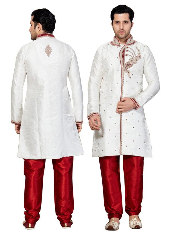 White Jacquard Silk Indian Wedding Indo-Western Sherwani For Men