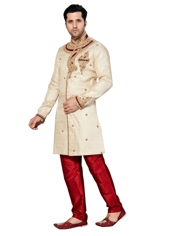 Cream Jacquard Silk Indian Wedding Indo-Western Sherwani For Men