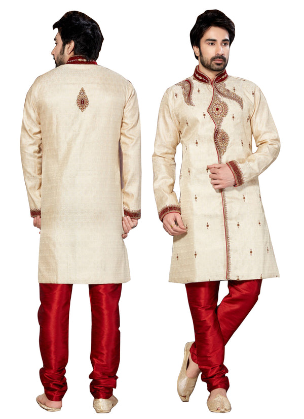 Cream Jacquard Silk Indian Wedding Indo-Western Sherwani For Men