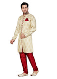 Cream Jacquard Silk Indian Wedding Indo-Western Sherwani For Men