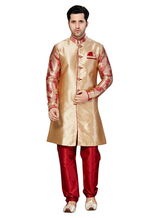 Brown Jacquard & Ghicha Silk Indian Wedding Indo-Western Sherwani For Men