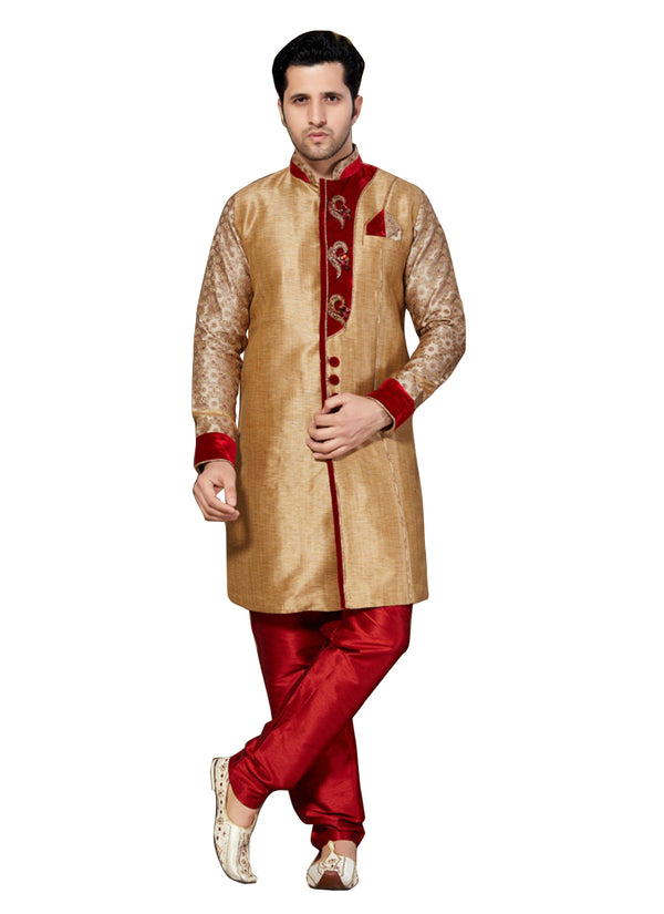 Brown Jacquard & Ghicha Silk Indian Wedding Indo-Western Sherwani For Men