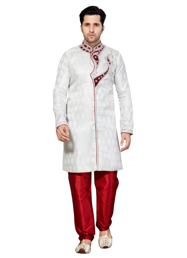 White Jacquard Silk Indian Wedding Indo-Western Sherwani For Men