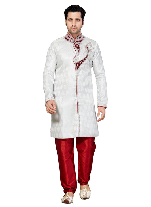 White Jacquard Silk Indian Wedding Indo-Western Sherwani For Men