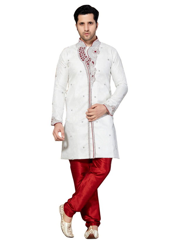 White Jacquard Silk Indian Wedding Indo-Western Sherwani For Men