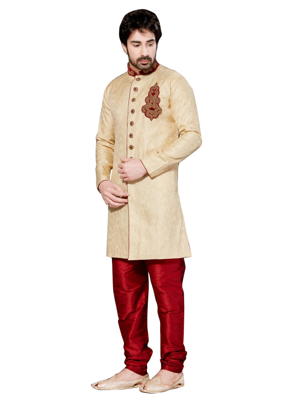 Cream Jacquard Silk Indian Wedding Indo-Western Sherwani For Men