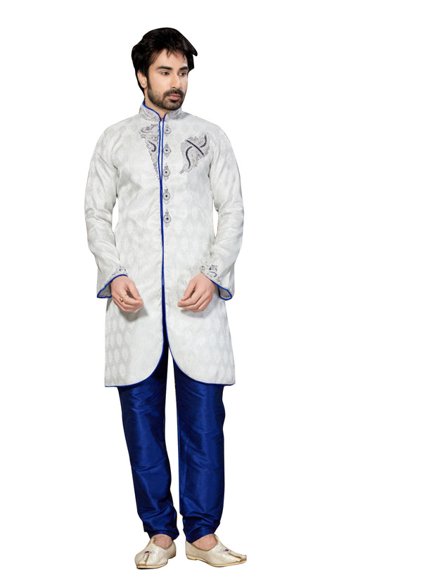 White Brocade Silk Indian Wedding Indo-Western Sherwani For Men