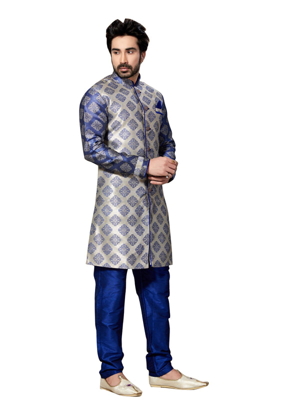 Gray Jacquard Silk Indian Wedding Indo-Western Sherwani For Men