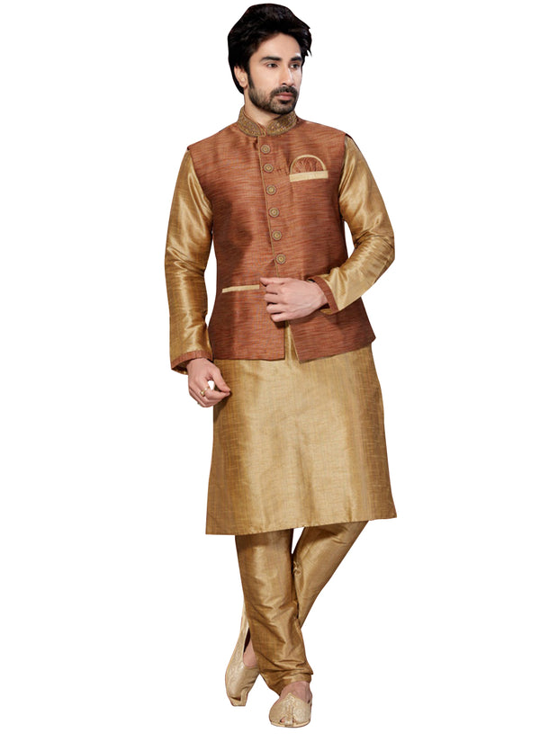 Brown Dupioni Raw Silk Indian Wedding Indo-Western Sherwani For Men