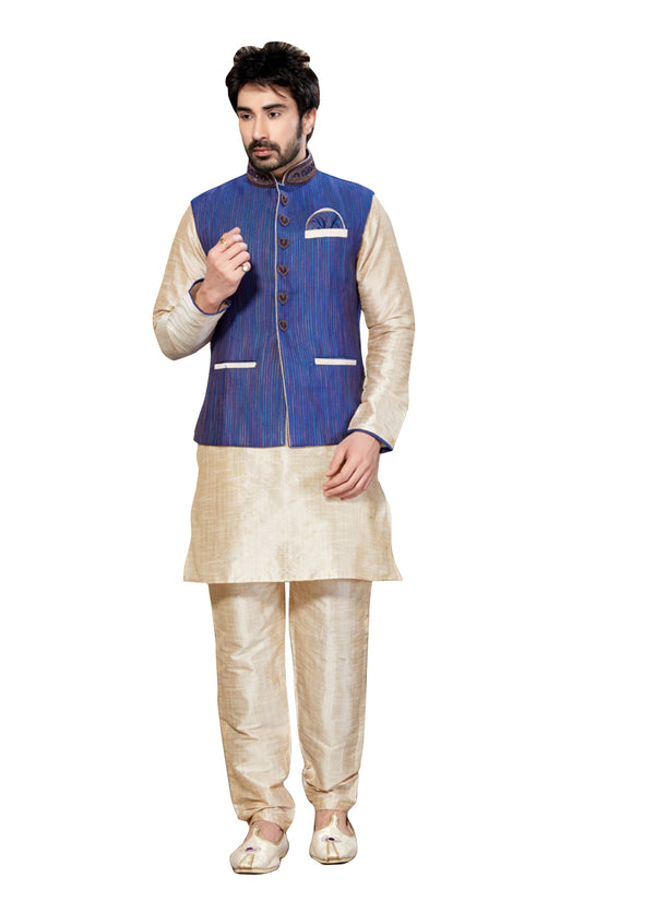 Cream Dupioni Raw Silk Indian Wedding Indo-Western Sherwani For Men