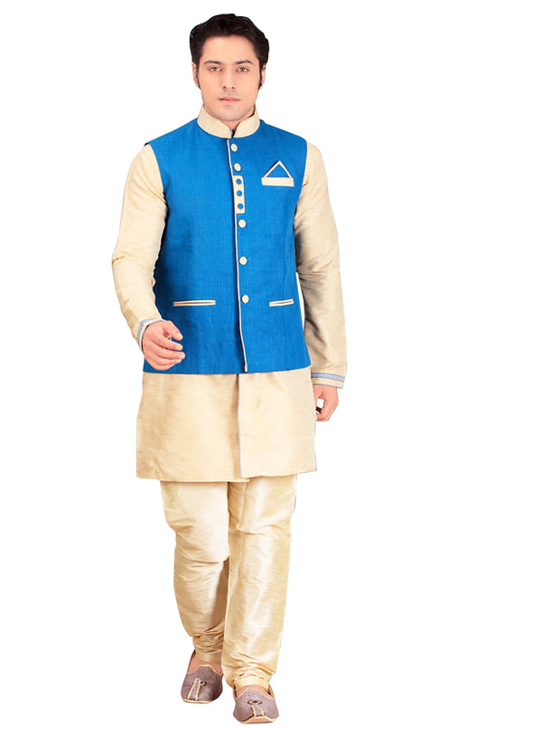 Beige Dupioni Raw Silk Indian Wedding Indo-Western Sherwani For Men