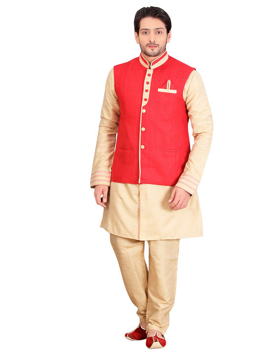 Beige Dupioni Raw Silk Indian Wedding Indo-Western Sherwani For Men