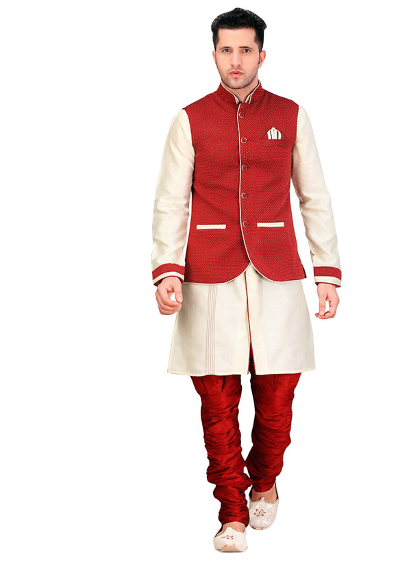 Cream Fabric Silk Indian Wedding Indo-Western Sherwani For Men