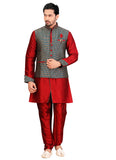 Maroon Dupioni Raw Silk Indian Wedding Indo-Western Sherwani For Men