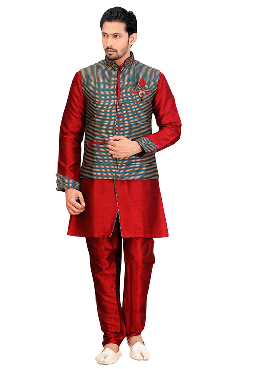 Maroon Dupioni Raw Silk Indian Wedding Indo-Western Sherwani For Men