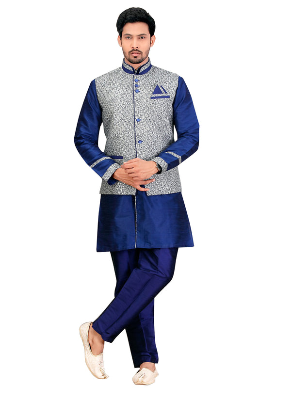 Blue Dupioni Raw Silk Indian Wedding Indo-Western Sherwani For Men