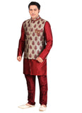 Maroon Dupioni Raw Silk Indian Wedding Indo-Western Sherwani For Men