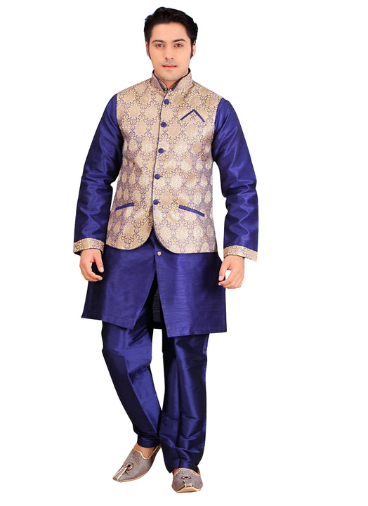 Blue Dupioni Raw Silk Indian Wedding Indo-Western Sherwani For Men