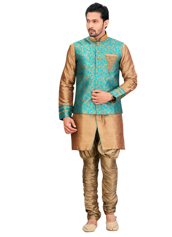 Brown Dupioni Raw Silk Indian Wedding Indo-Western Sherwani For Men