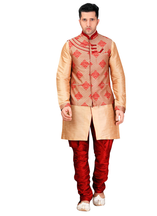 Brown Dupioni Raw Silk Indian Wedding Indo-Western Sherwani For Men