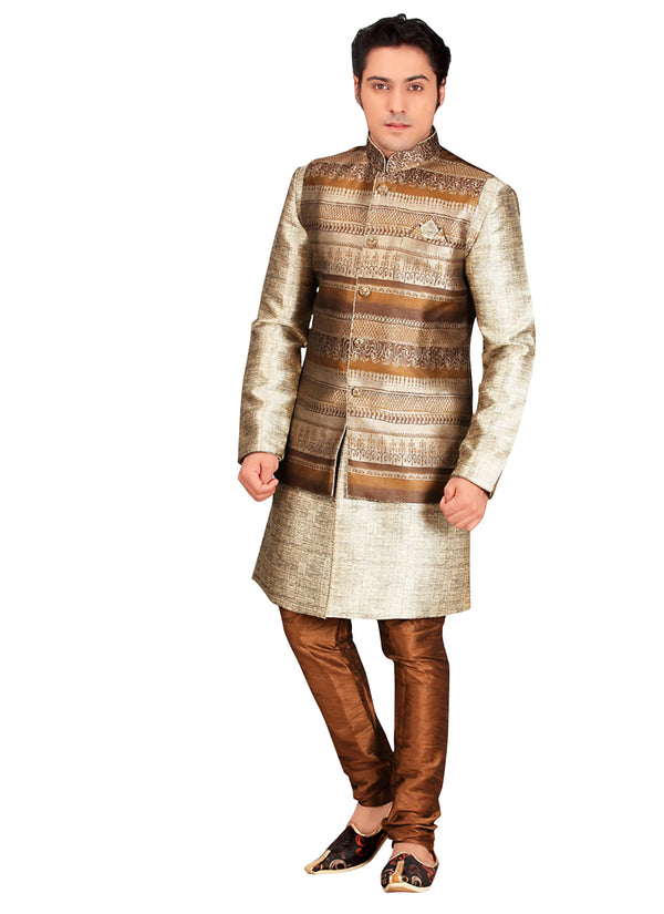 Beige Jacquard Silk Indian Wedding Indo-Western Sherwani For Men