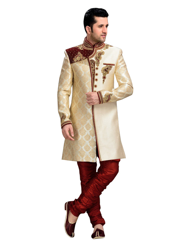 Cream Jute Silk Indian Wedding Indo-Western Sherwani For Men