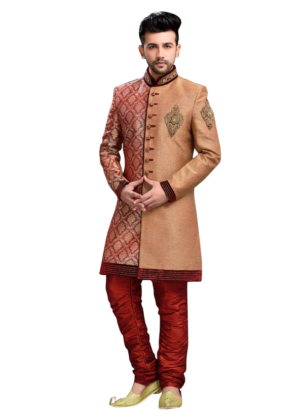 Brown Jacquard Silk Indian Wedding Indo-Western Sherwani For Men