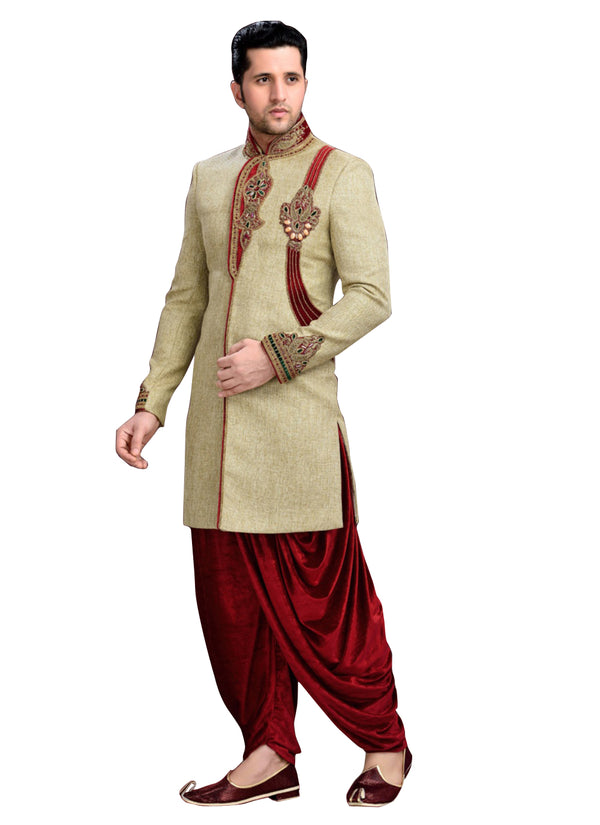 Brown Jute Silk Indian Wedding Indo-Western Sherwani For Men