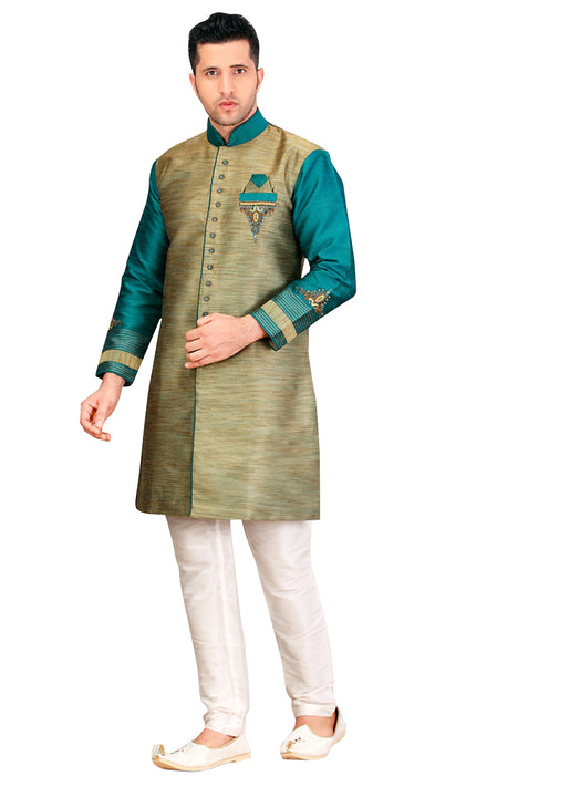 Brown Dupioni Raw Silk Indian Wedding Indo-Western Sherwani For Men