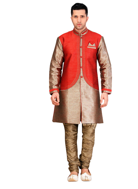 Red Dupioni Raw Silk Indian Wedding Indo-Western Sherwani For Men