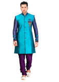 Blue Dupioni Raw Silk Indian Wedding Indo-Western Sherwani For Men