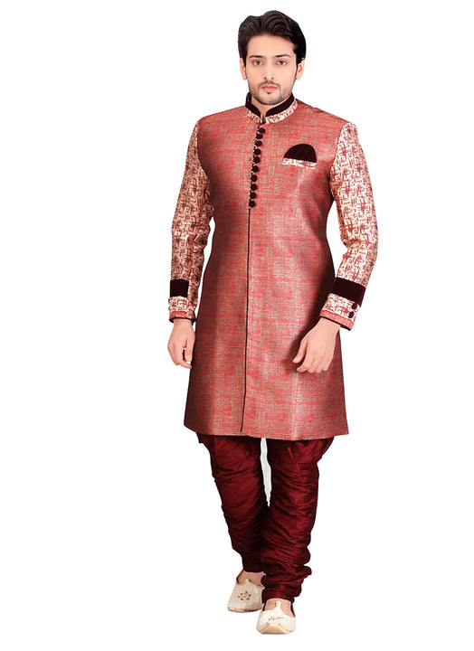 Red Dupioni Raw Silk Indian Wedding Indo-Western Sherwani For Men