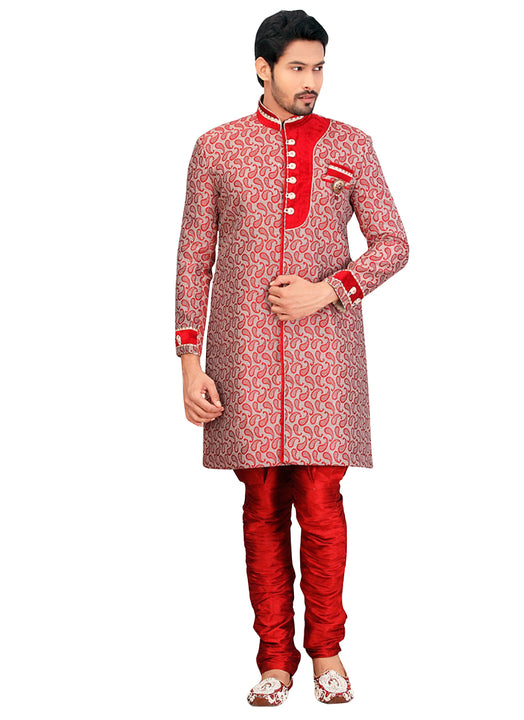 Red Jute Silk Indian Wedding Indo-Western Sherwani For Men