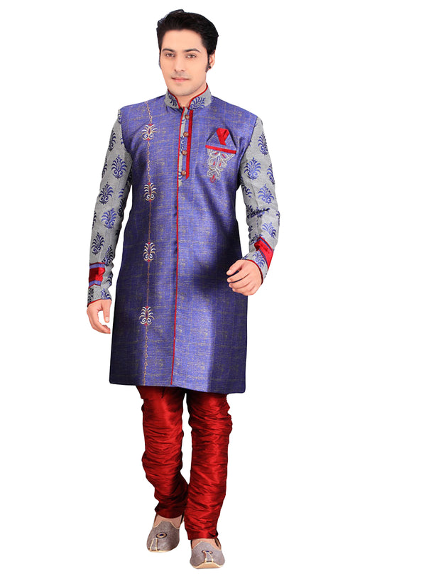 Blue Dupioni Raw Silk Indian Wedding Indo-Western Sherwani For Men