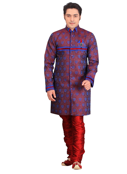 Blue Jacquard Silk Indian Wedding Indo-Western Sherwani For Men