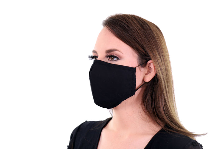 2 Pack Black Reusable Face Masks 3 Layer Cotton Fabric with Pocket for Filter, Nose Strip and Adjustable Ear Loops