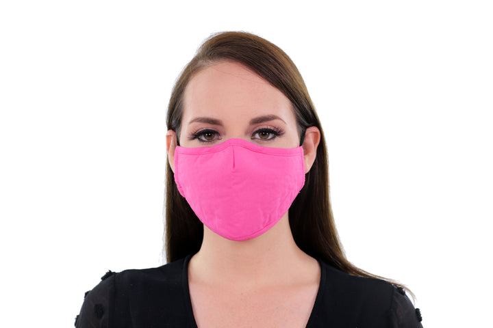2 Pack Hot Pink Reusable Face Masks 3 Layer Cotton Fabric with Pocket for Filter, Nose Strip and Adjustable Ear Loops