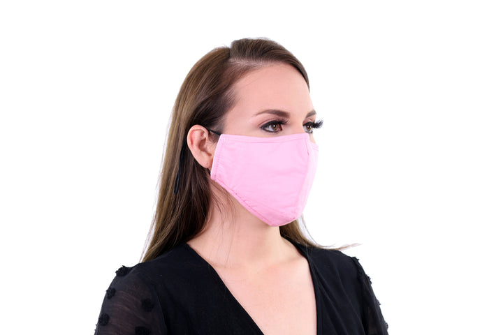 2 Pack Light Pink Reusable Face Masks 3 Layer Cotton Fabric with Pocket for Filter, Nose Strip and Adjustable Ear Loops