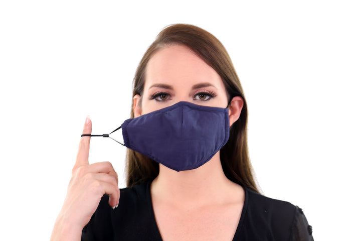 2 Pack Navy Reusable Face Masks 3 Layer Cotton Fabric with Pocket for Filter, Nose Strip and Adjustable Ear Loops