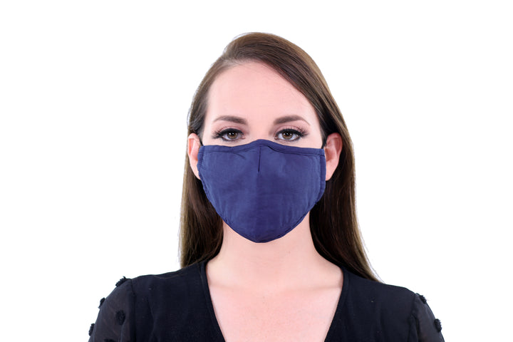 2 Pack Navy Reusable Face Masks 3 Layer Cotton Fabric with Pocket for Filter, Nose Strip and Adjustable Ear Loops