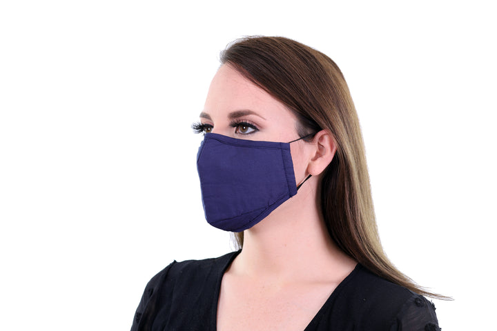 2 Pack Navy Reusable Face Masks 3 Layer Cotton Fabric with Pocket for Filter, Nose Strip and Adjustable Ear Loops