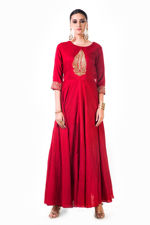 Red Leaf Hand Embroidered Silk Anarkali Gown