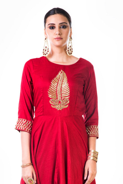 Red Leaf Hand Embroidered Silk Anarkali Gown