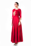 Red Leaf Hand Embroidered Silk Anarkali Gown