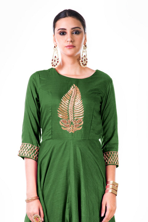 Bottle Green Leaf Hand Embroidered Silk Anarkali Gown