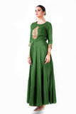 Bottle Green Leaf Hand Embroidered Silk Anarkali Gown