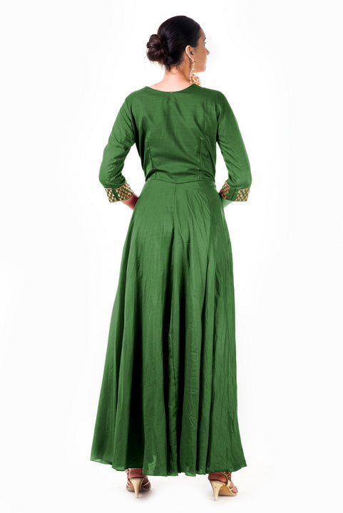 Bottle Green Leaf Hand Embroidered Silk Anarkali Gown